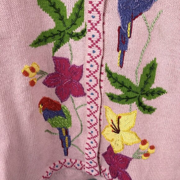 Storybook Sweater Womens 2X Plus Size Pink Parrots Tropical Cardigan Art to Wear - Picture 10 of 16